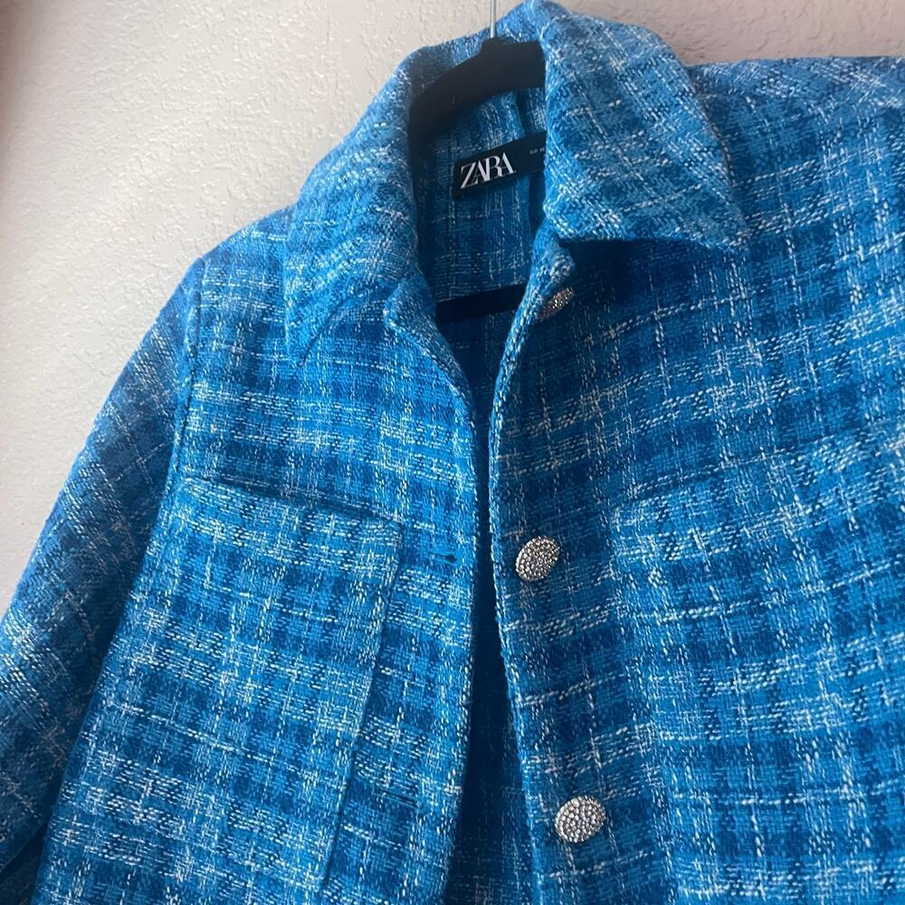 Zara Blue Checkered Tweed Cropped Breasted Blazer Rhinestone Buttons XS Collared - Picture 5 of 8